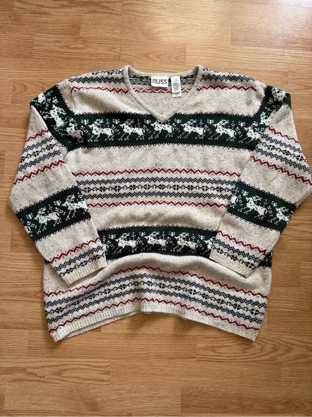 Vintage 90s Russ Fair Isle Reindeer Holiday Sweater Knit Oversized XL 16/18
